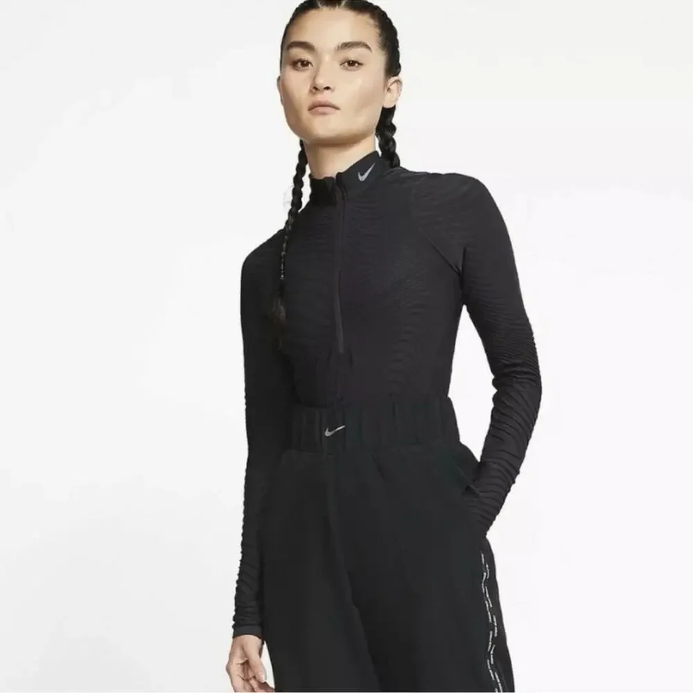 Nike City Ready Black Seamless 1/2 Zip Bodysuit Long Sleeve Mock Neck